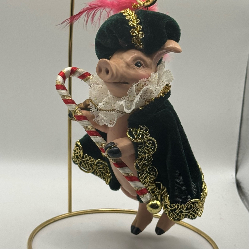 Vintage Rare Christmas Holiday Pig Porcelain Velvet Cape & Hat Ornament
